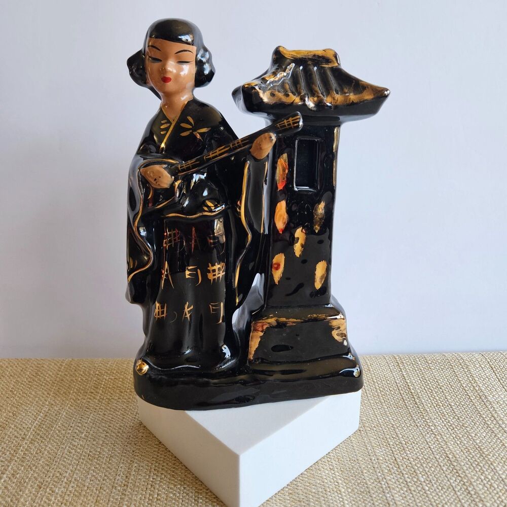 Vintage Geisha Candle Holder Kreiss & Co Japan Black Gold Pagoda Ceramic